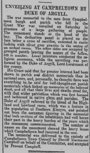 Unveiling at Campbeltown by Duke of Argyll