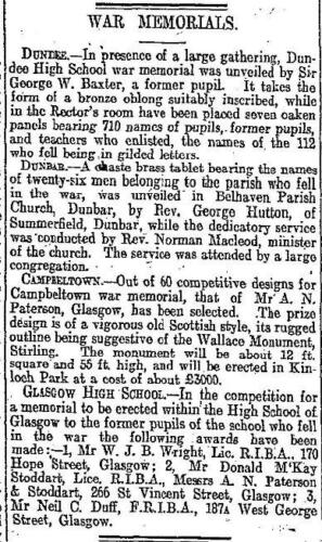 Announcement of the Winning design by A. N. Paterson, Glasgow